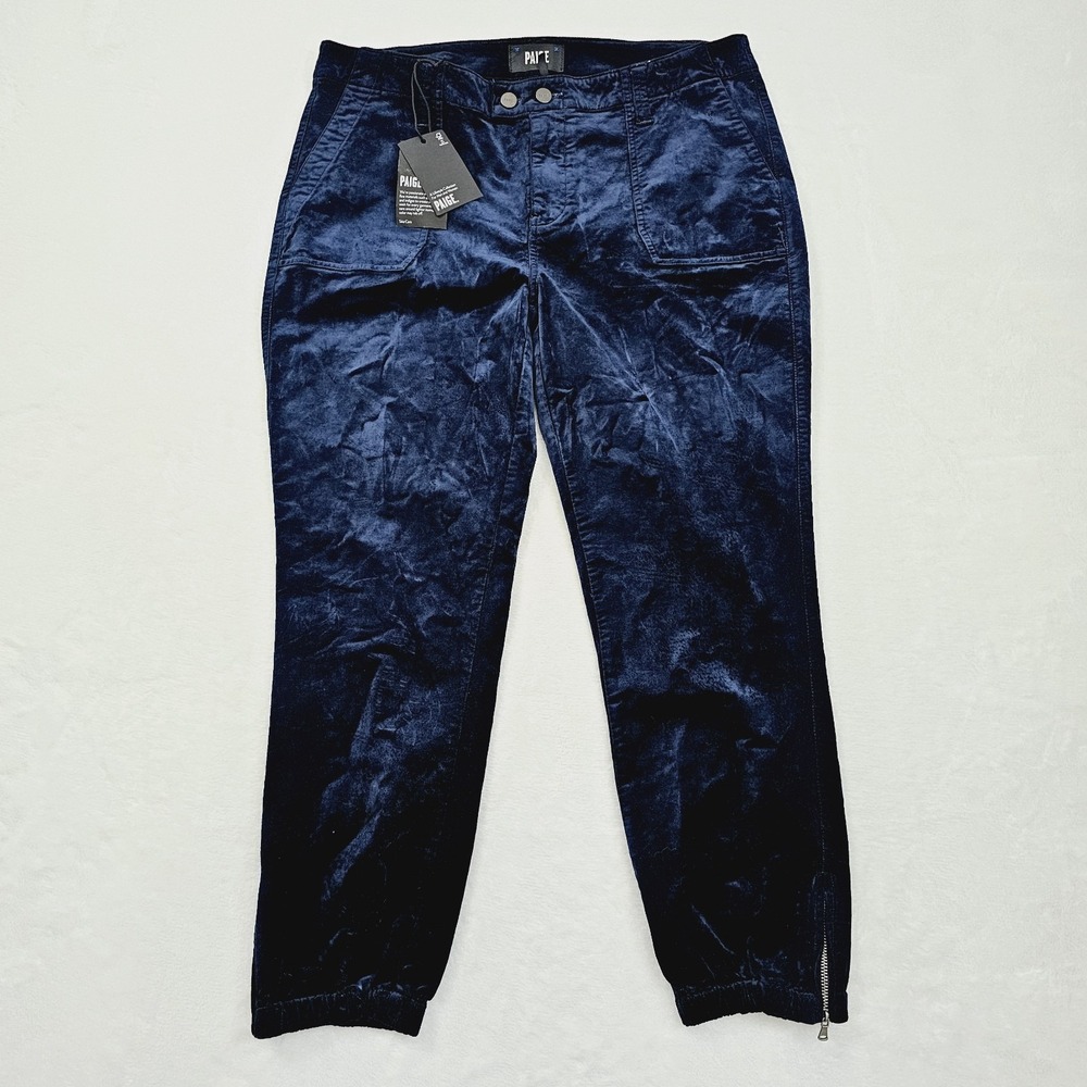 NEW Paige Womens 32 Mayslie Jogger Navy Blue Velvet Ankle Zip Utility Pants - Picture 2 of 14